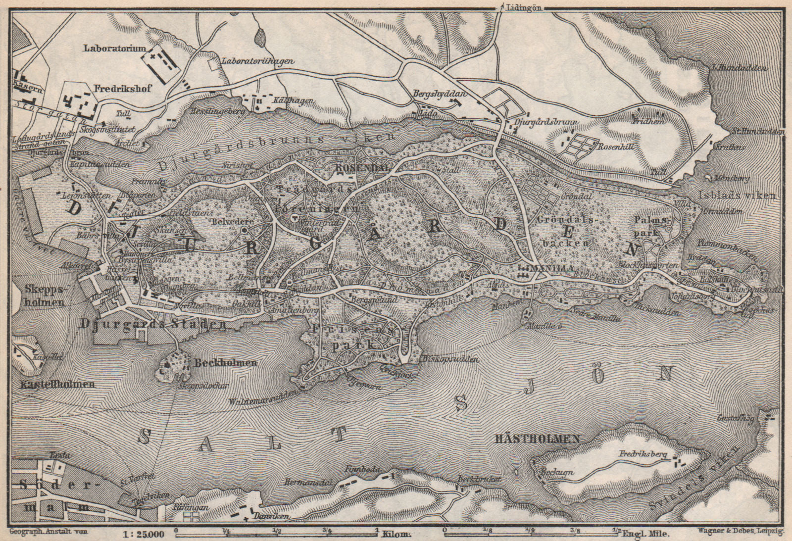 DJURGARDEN Djurgården. Stockholm. Sweden karta. BAEDEKER 1885 old antique map